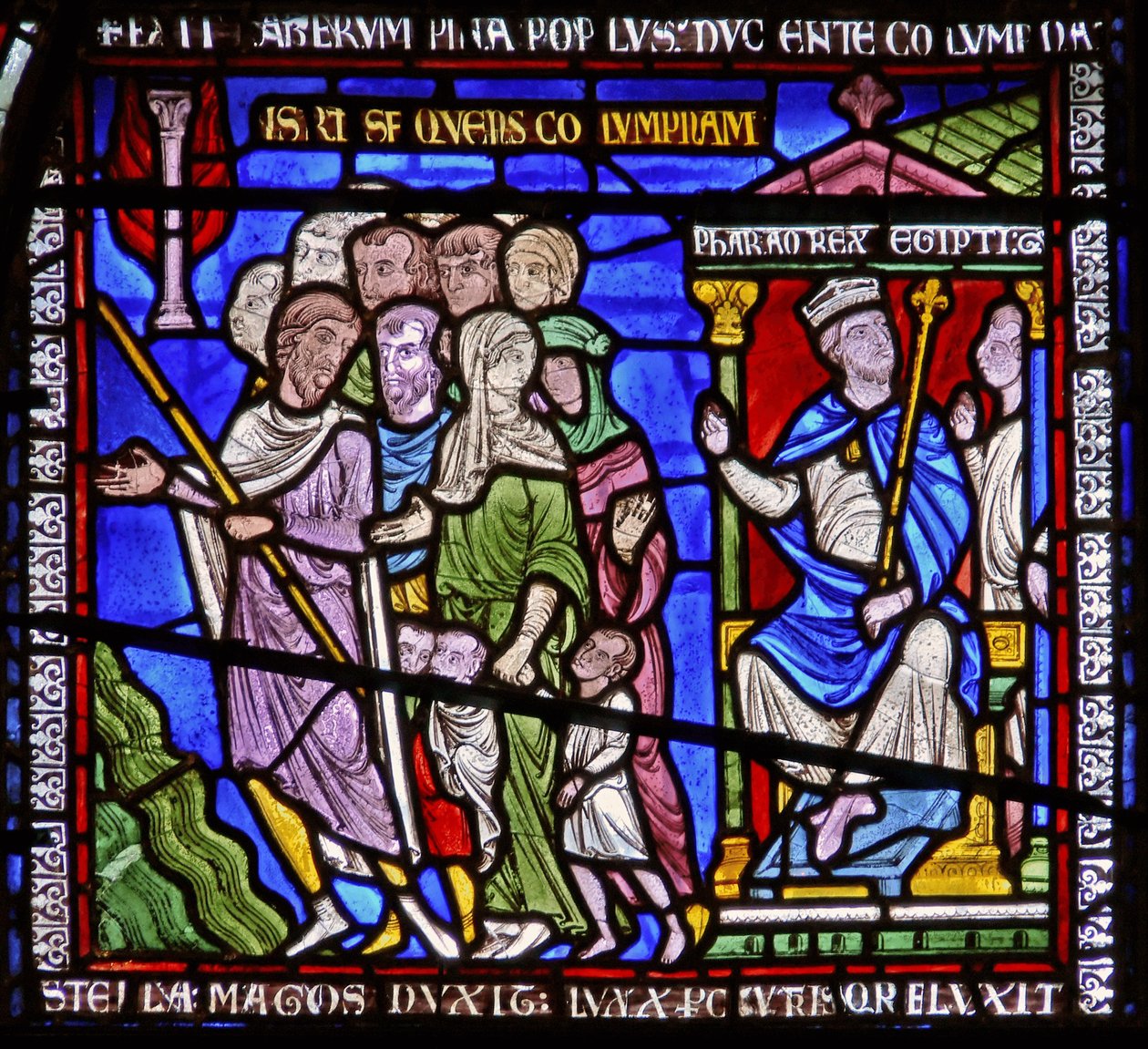 Detail from one of the Bible Windows depicting the pharaoh watching the Israelites by English School