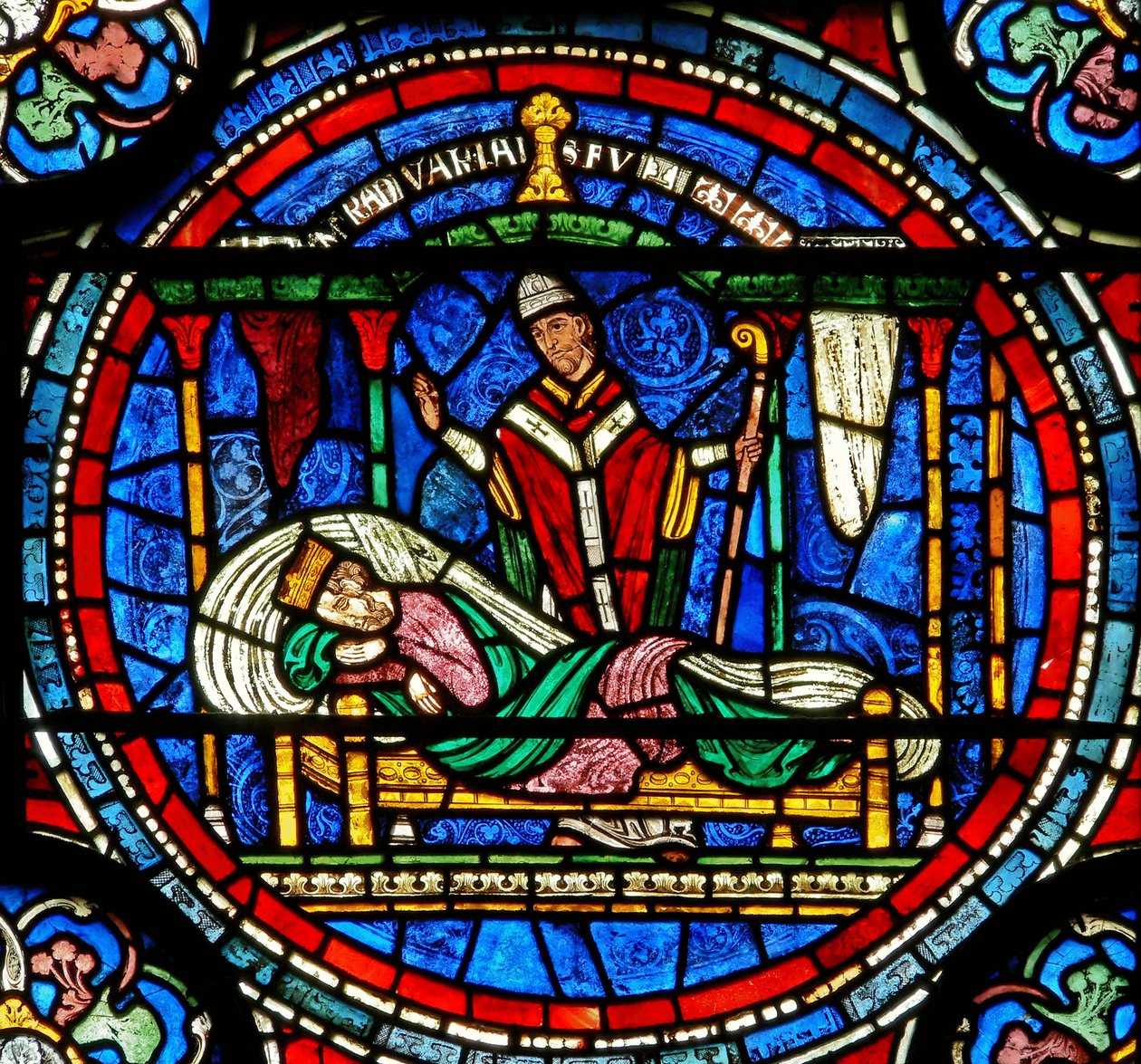 Detail from the Miracle Window depicting King Louis VII being told by Thomas to go to his tomb by English School