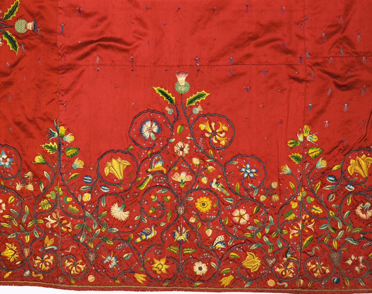 (detail) of an important skirt or petticoat of crimson silk said to have been embroidered by Mary, Queen of Scots for Queen Elizabeth I while she was captive at Hardwick by English School