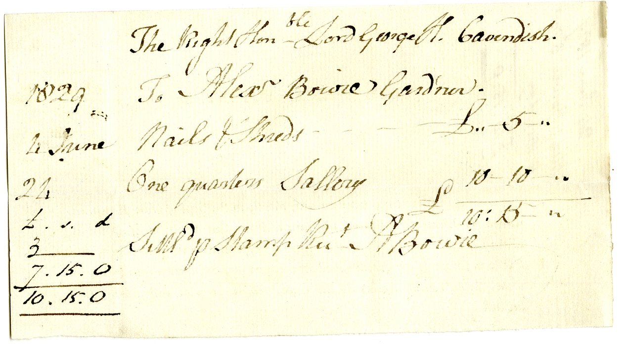 Devonshire MSS AS 3101, folio from a bundle of bills settled by Pinder Simpson for Lord George Cavendish, including Alexander Bowie