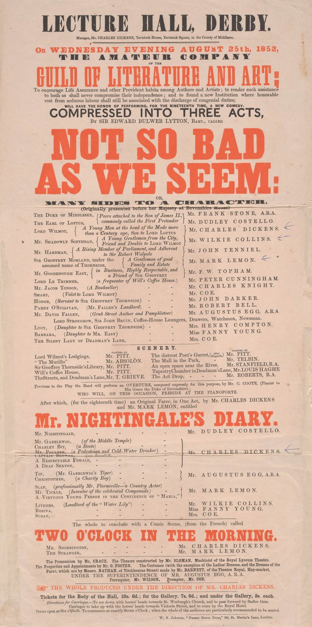 Dickens playbill: Not So Bad As We Seem at Lecture Hall, Derby, programme for August 25, 1852 by English School