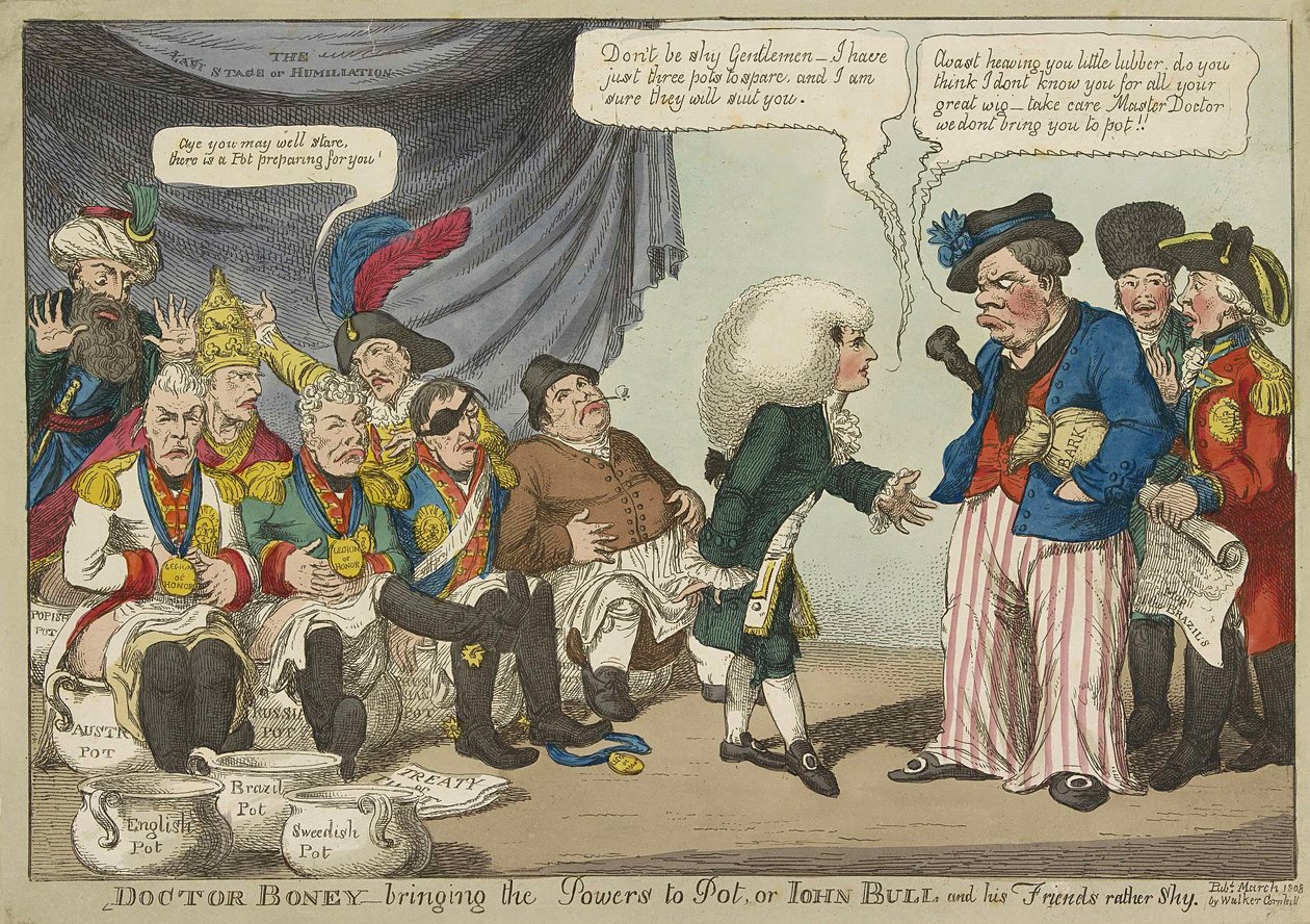 Doctor Boney bringing the Powers to Pot, or John Bull and his friends rather shy, pub. 1808 by English School