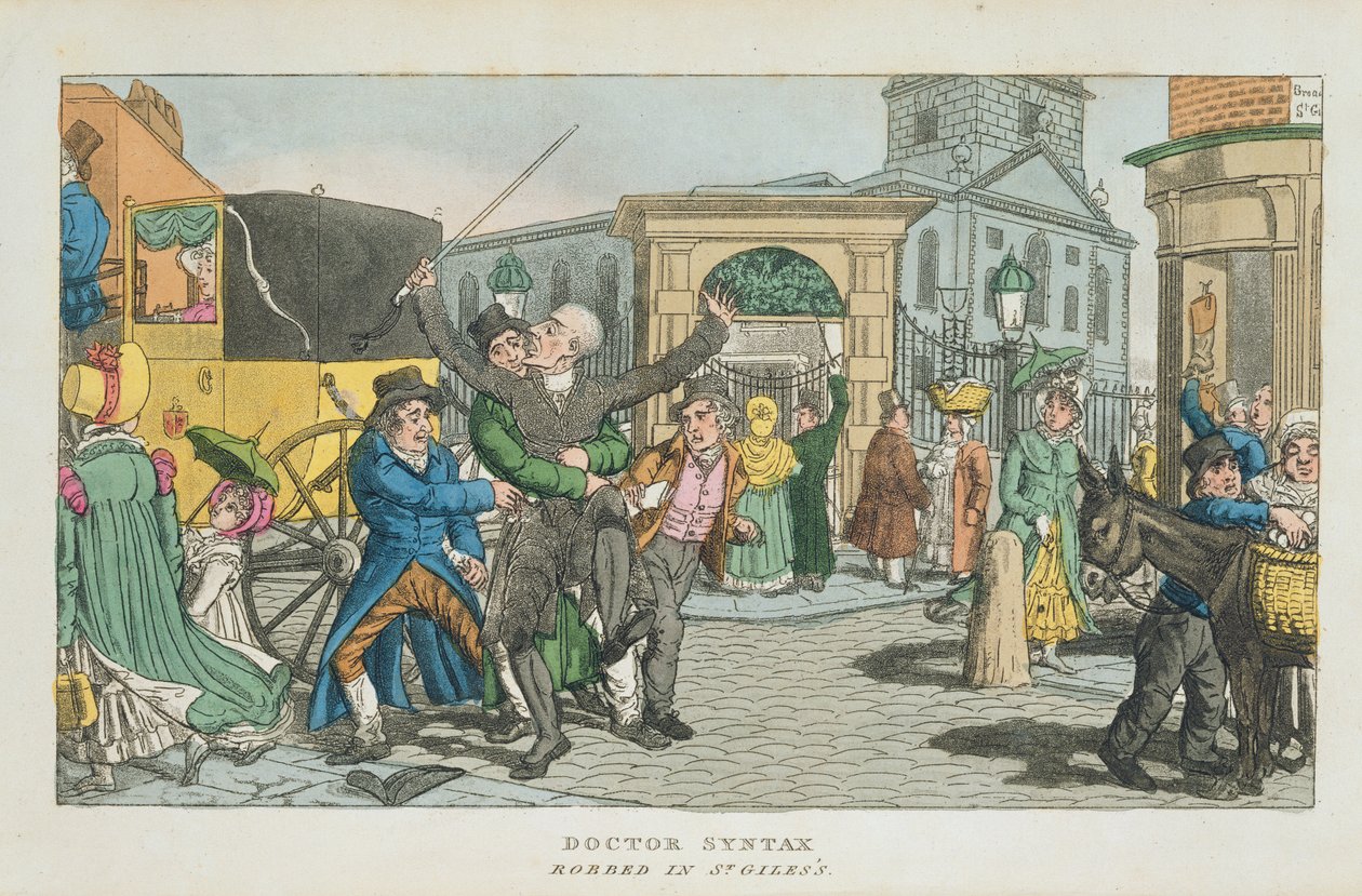 Doctor Syntax robbed in St. Giless, from The Tour of Doctor Syntax through London, or the Pleasures and Miseries of the Metropolis. A Poem, published 1820 by English School