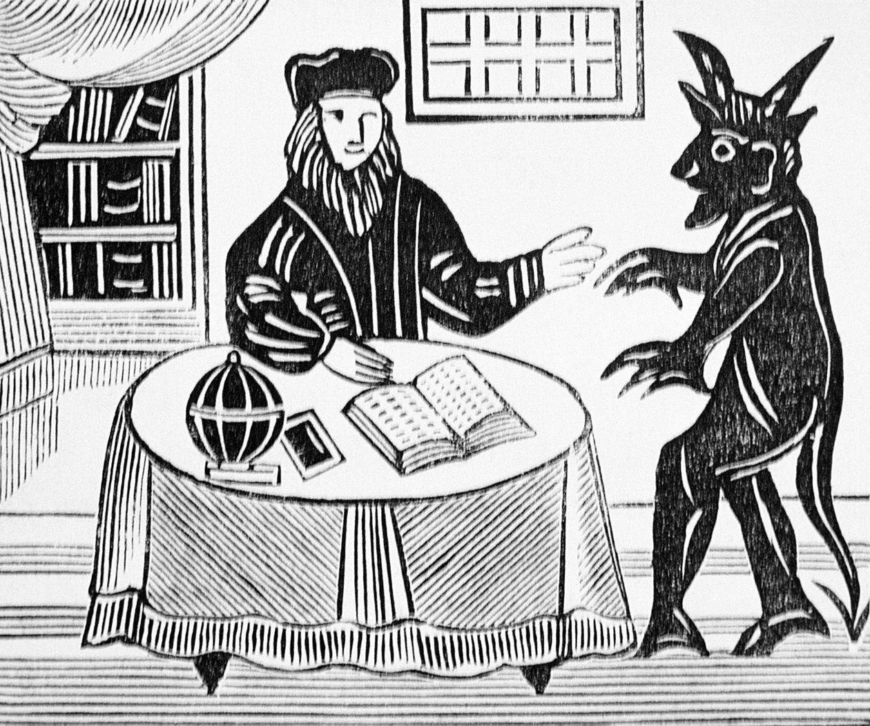Dr. Faustus in Counsel with the Devil, from Gents translation of Dr. Faustus by Christopher Marlowe, from a collection of chapbooks on esoterica by English School