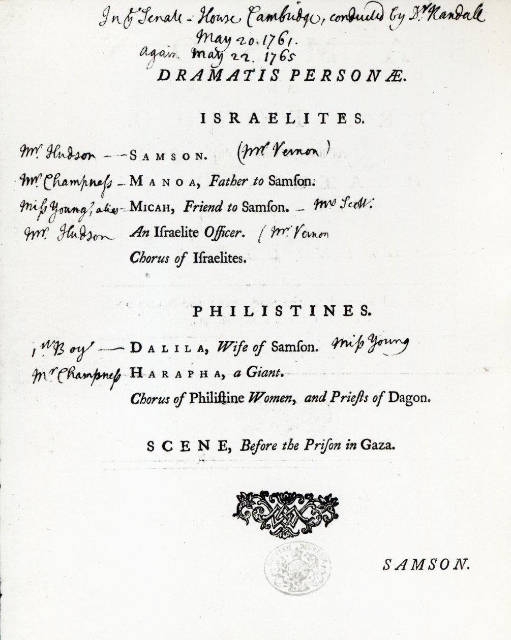 Dramatis Personae for Samson, an Oratorio by Handel by English School