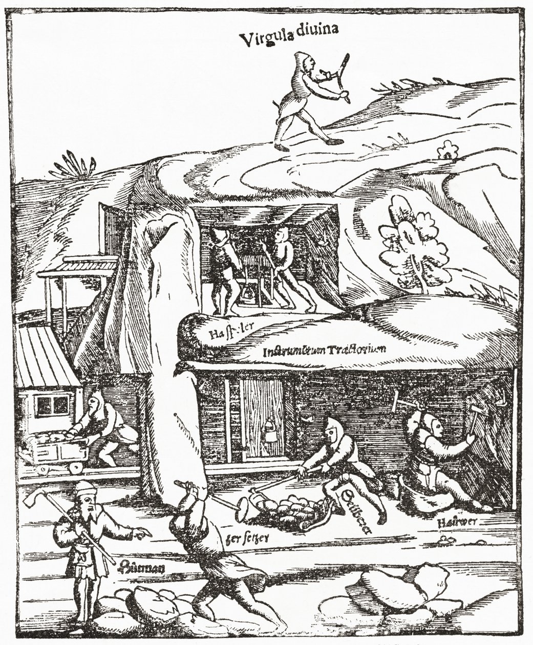 Early Representation of the Divining Rod, Showing a Figure with a Divining Rod Above Ground Searching for Water, Coal or Gold and the Miners Below Ground Toiling to Find Coal. From The Strand Magazine Published 1897. by English School