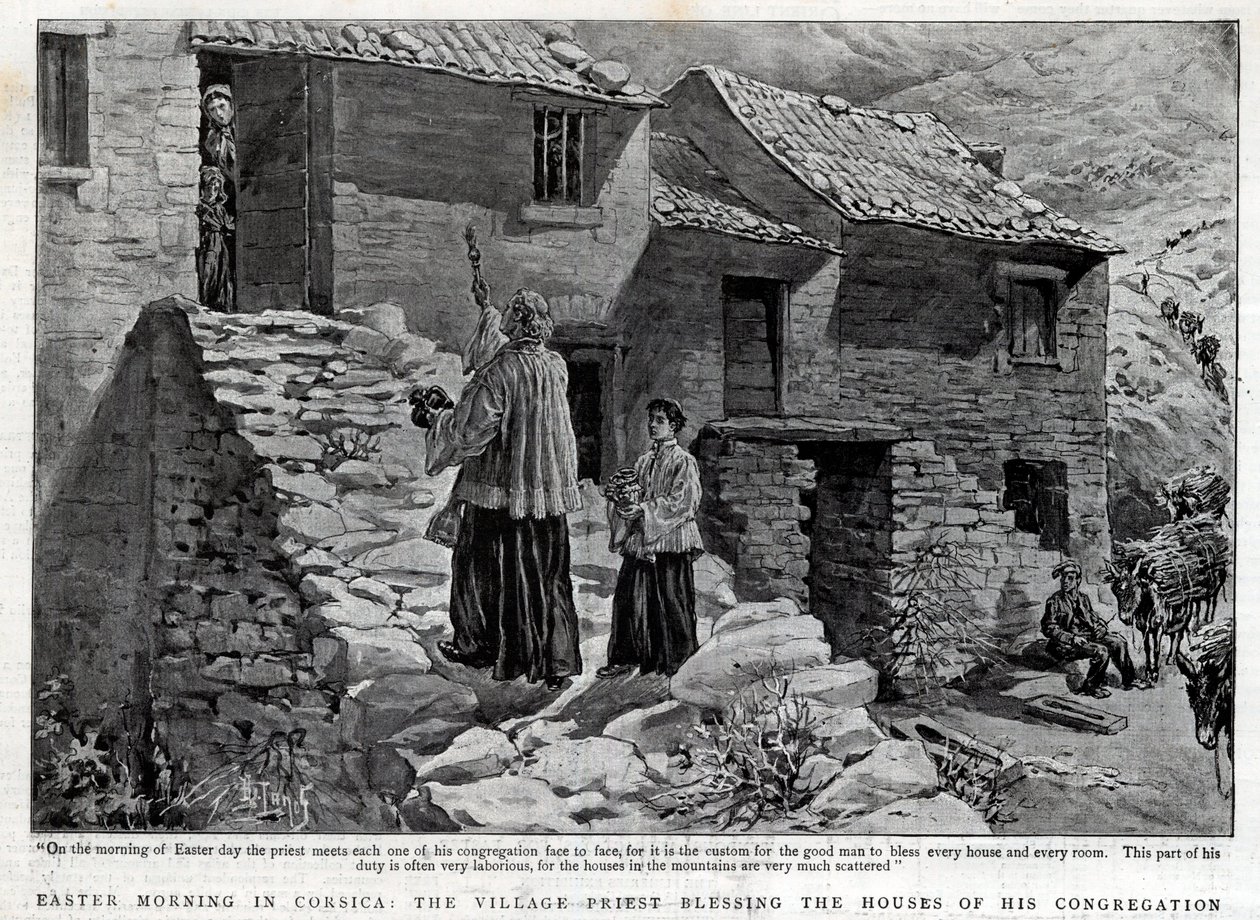Easter Morning in Corsica, the Village Priest blessing the houses of his parish - Illustration for The Graphic by English School