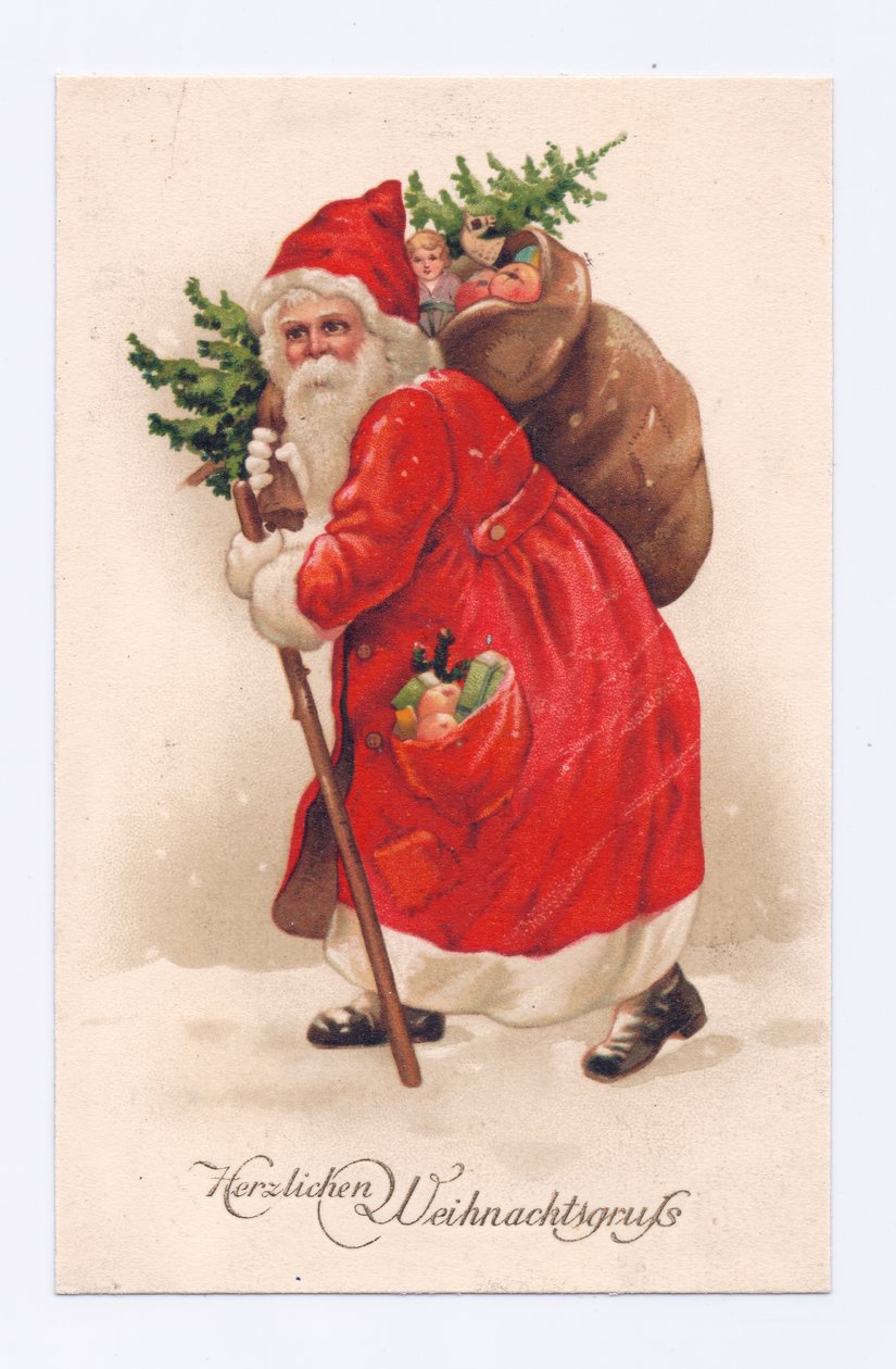 Edwardian Postcard of Father Christmas Carrying a Christmas Tree and Sack of Toys, c.1910 by English School