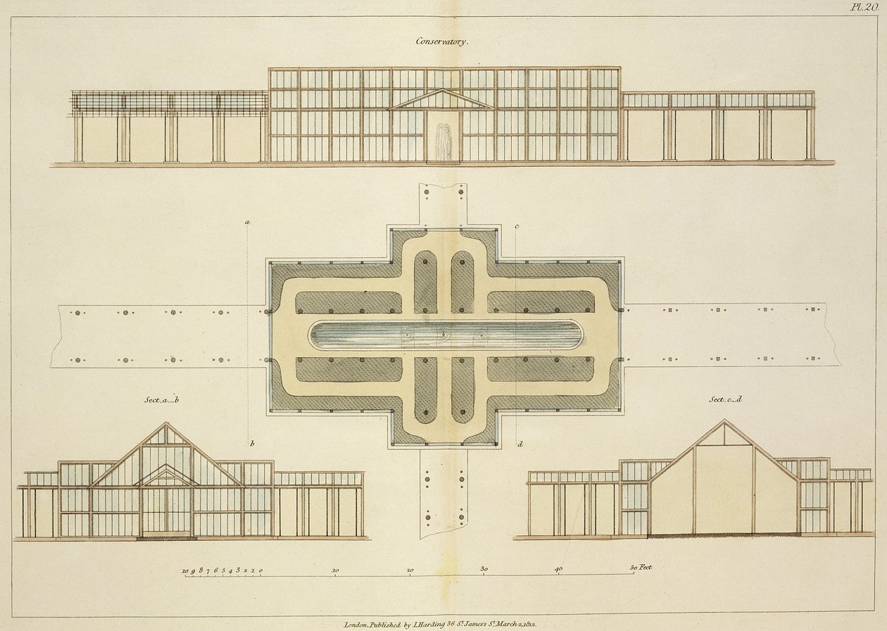 Elevations and ground plan of a glasshouse, from Hints on the Formation of Gardens and Pleasure Grounds by John Claudius Loudon published 1812 by English School