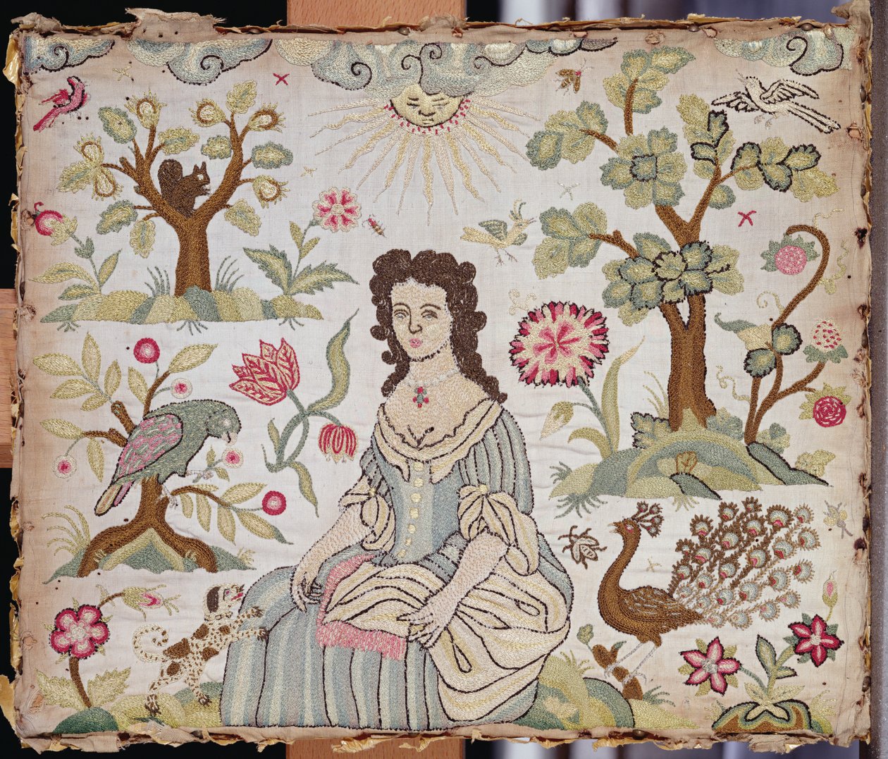 Embroidered panel depicting a lady in a garden, c.1700 by English School