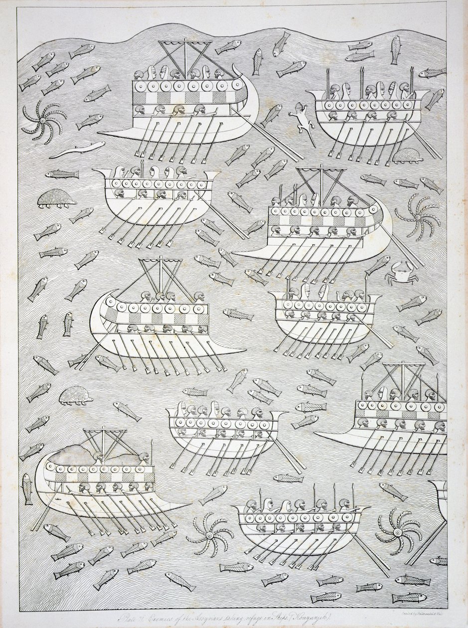 Enemies of the Assyrians taking refuge in ships (plate 71) from Nineveh and its Remains by Austen Henry Layard published 1849 by English School