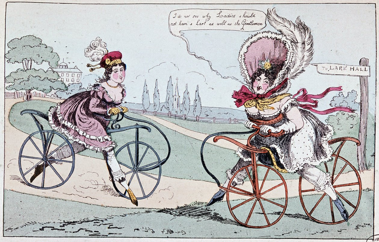 English cartoon about hobby horses in 1819 (first bicycles) - in 