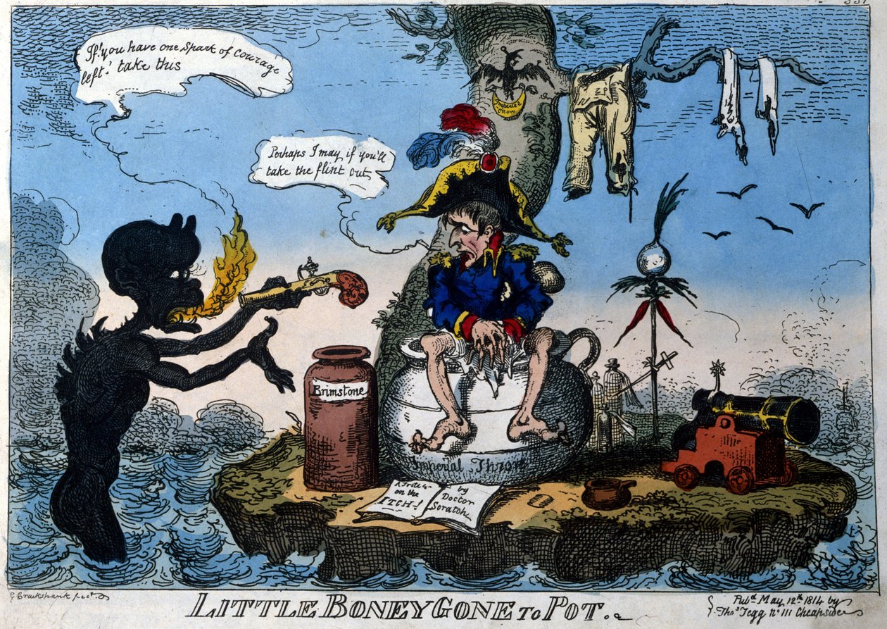 English cartoon depicting Emperor Napoleon I in exile on Elba Island: sitting on his new throne in the shape of a chamber pot, a demon gives him a pistol if he has the courage to use it. May 1814. by English School