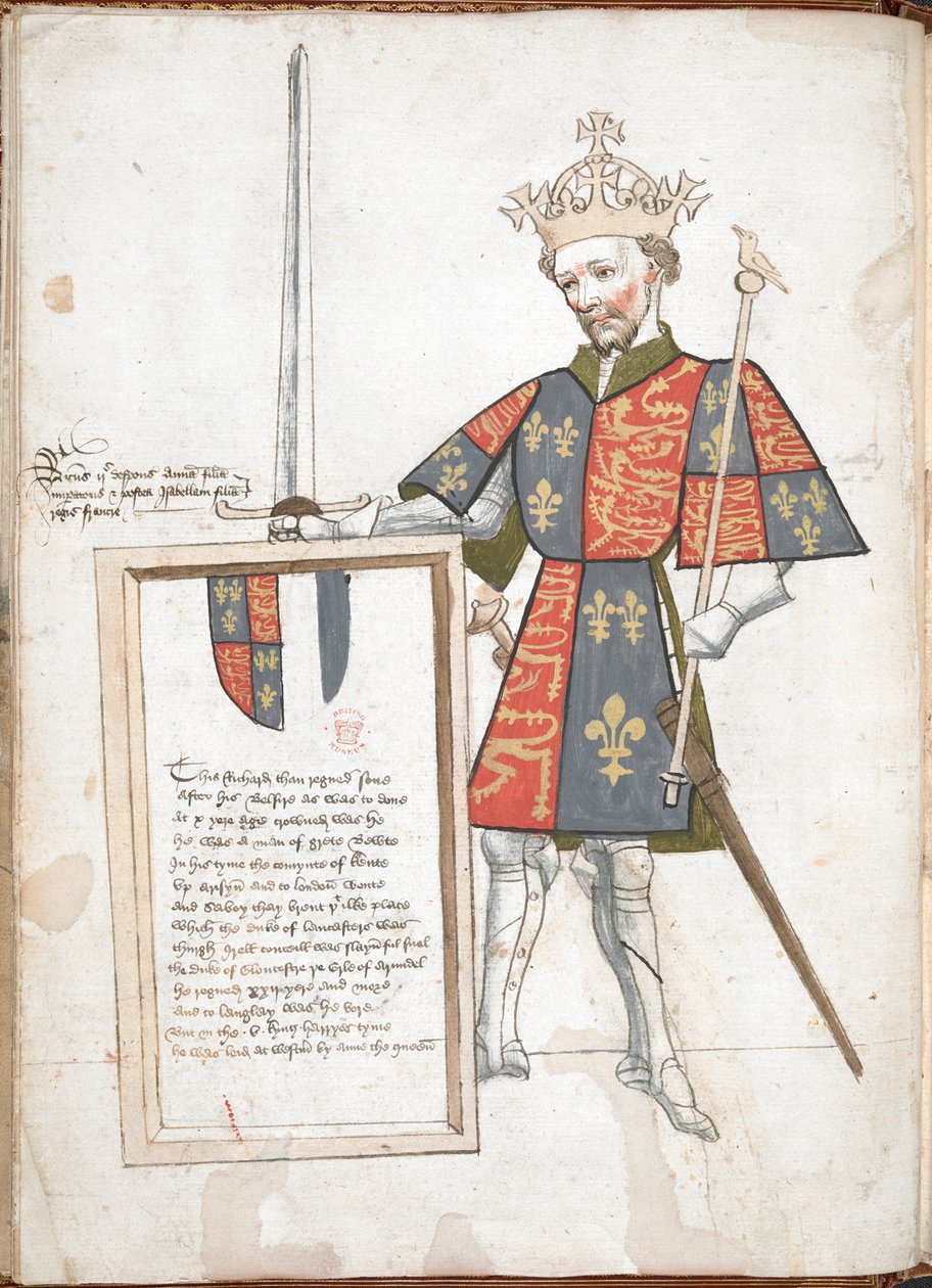English king in armour and tabard (Richard II), presenting a plaque with verses by English School