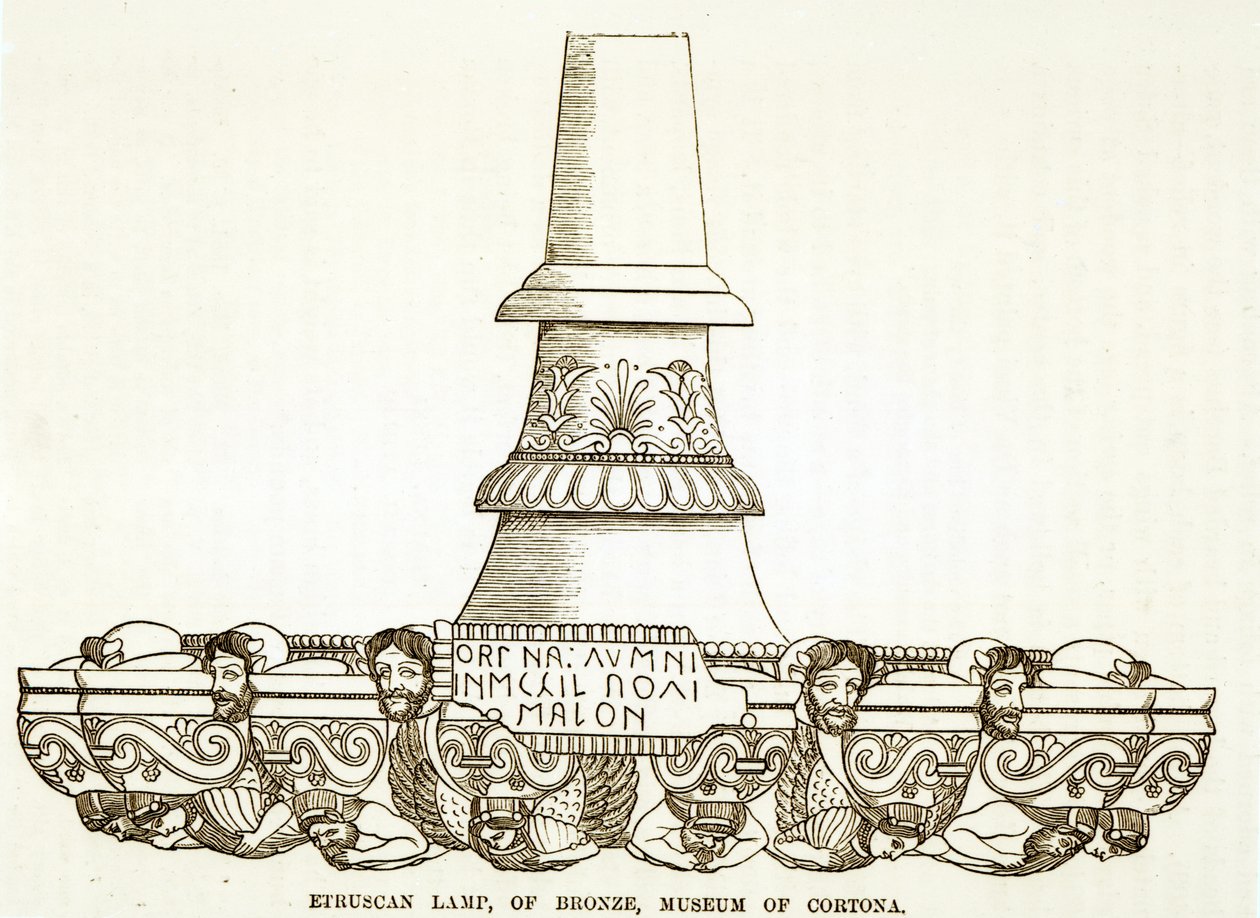 Etruscan bronze lamp in the Museum of Cortona (engraving) by English School