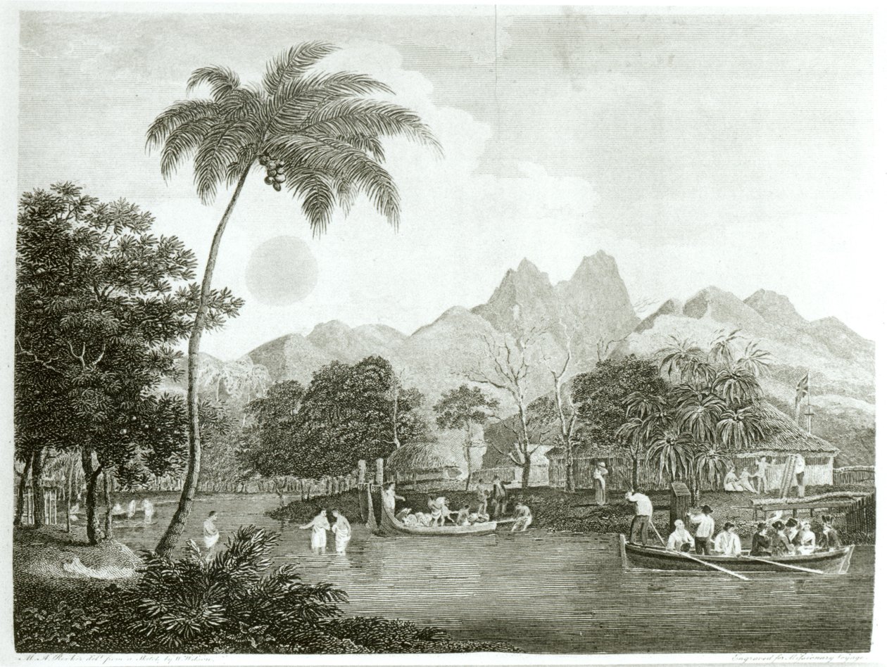 European missionaries in a Tahitian village, from A Missionary Voyage to the Southern Pacific Ocean Performed in the Years 1796-98 in the Ship Duff, published 1799 by English School