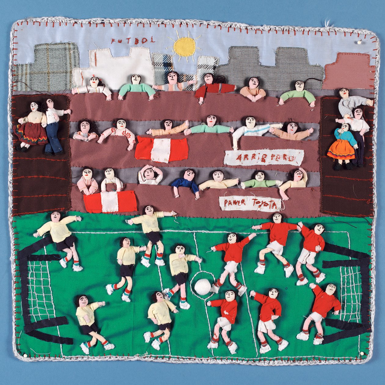 Fabric collage of a football match in Peru by English School