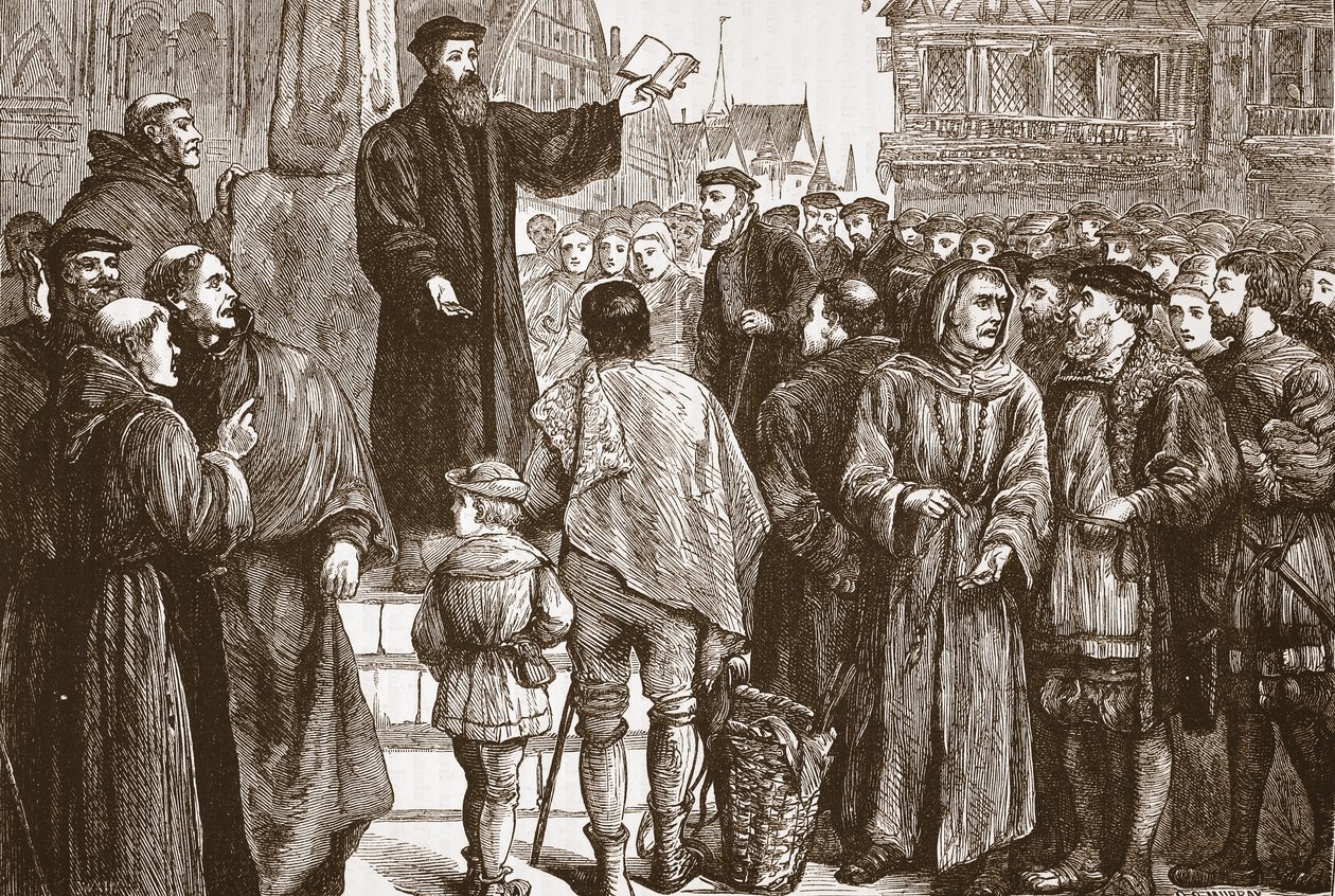 Farel Preaching in the Market-Place of Neuchatel by English School