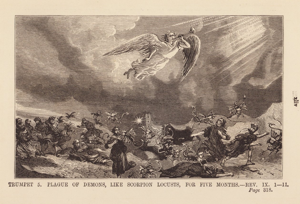 Fifth angel bringing a plague of demons, like scorpion locusts, for five months by English School