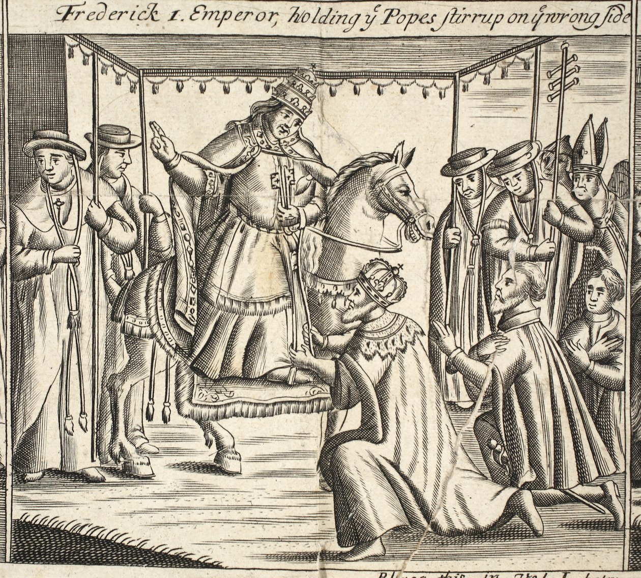 Frederick I, Emperor, holding ye Popes stirrup on ye wrong side, illustration from Acts and Monuments by John Foxe, ninth edition, pub. 1684 by English School