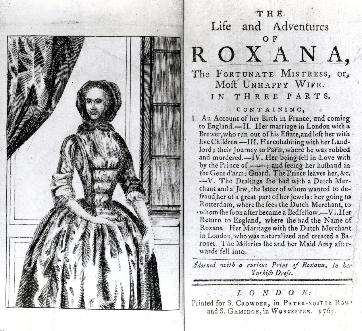 Frontispiece and Title page for The Life and Adventures of Roxana by Daniel Defoe, published 1765 by English School