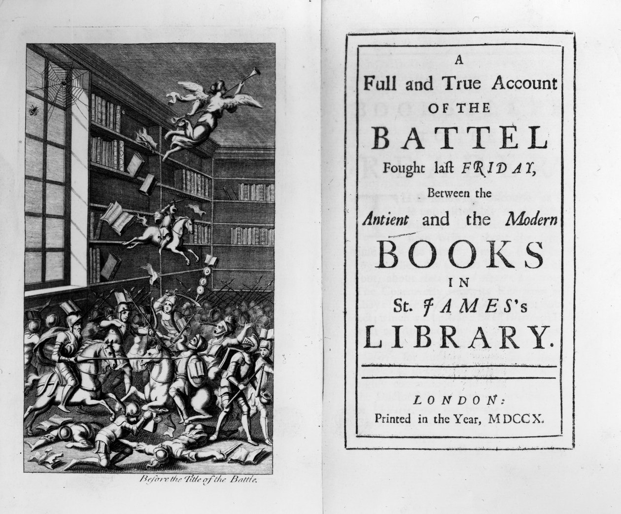 Frontispiece and Title Page to The Battle of the Books by Jonathan Swift, Published in 1710 by English School