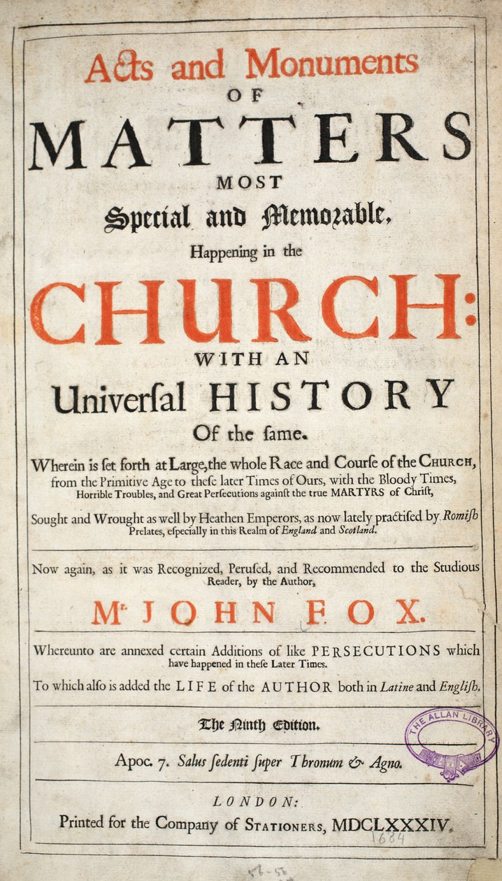 Frontispiece, from Acts and Monuments by John Foxe, ninth edition, pub. 1684 by English School