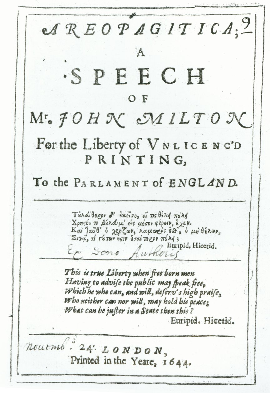 Frontispiece of Areopagitica, a speech of John Milton published in 1644 by English School