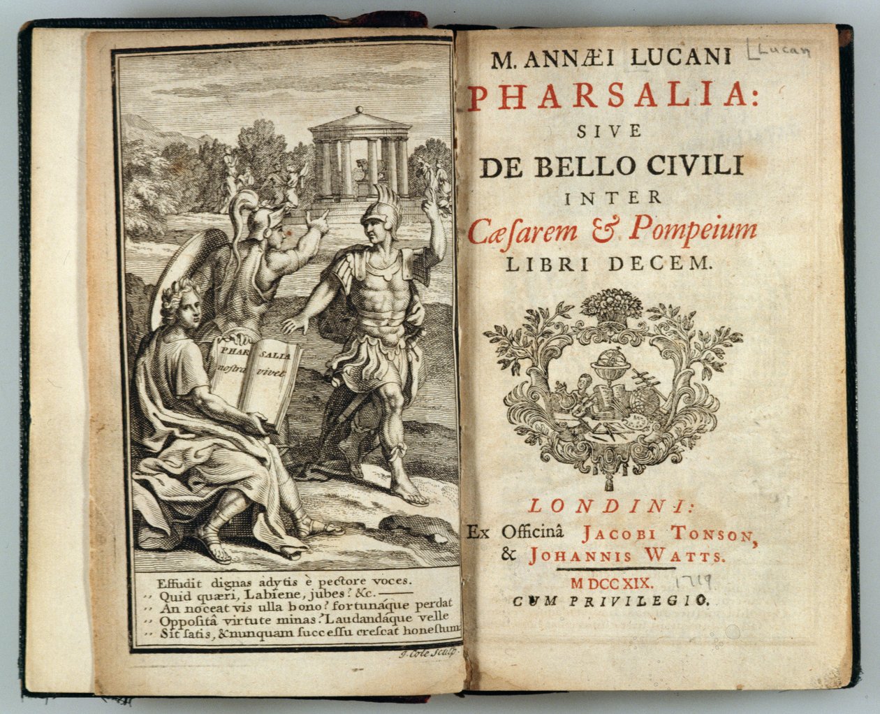 Frontispiece to Pharsalia or The Civil War Between Caesar and Pompey by Marcus Annaeus Lucan, engraved by J. Cole, 1719 by English School