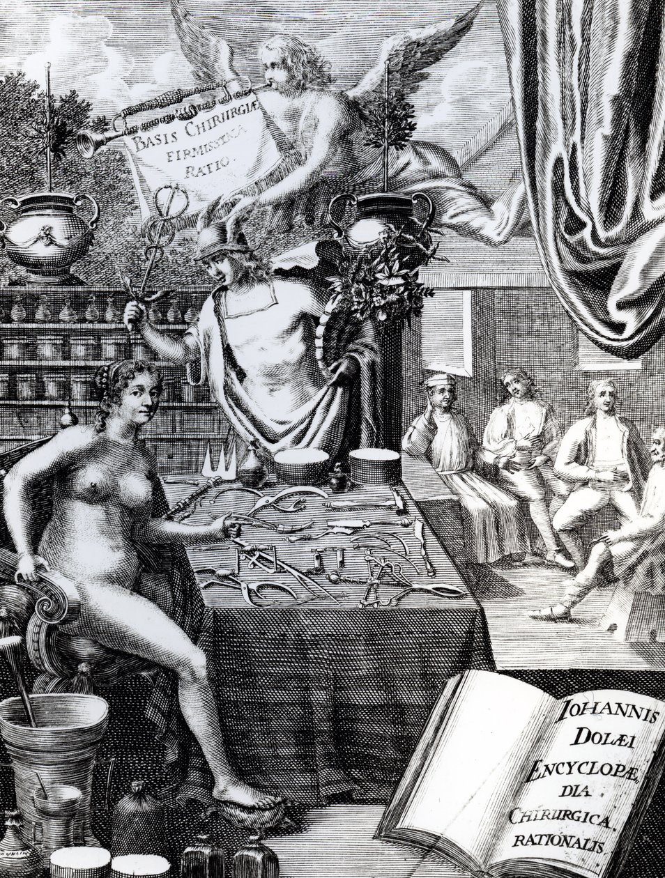 Frontispiece to an Encyclopaedia of Surgical Thought by John Dolaeus by English School