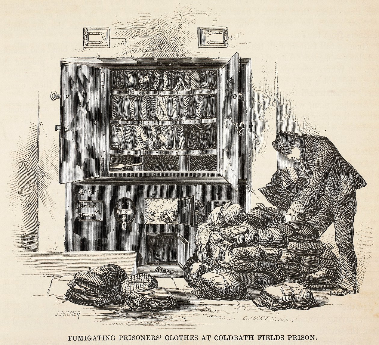 Fumigating prisoners clothes at Coldbath Fields Prison, illustration from The Criminal Prisons of London and Scenes from Prison Life by Henry Mayhew and John Binny, pub. 1862 by English School