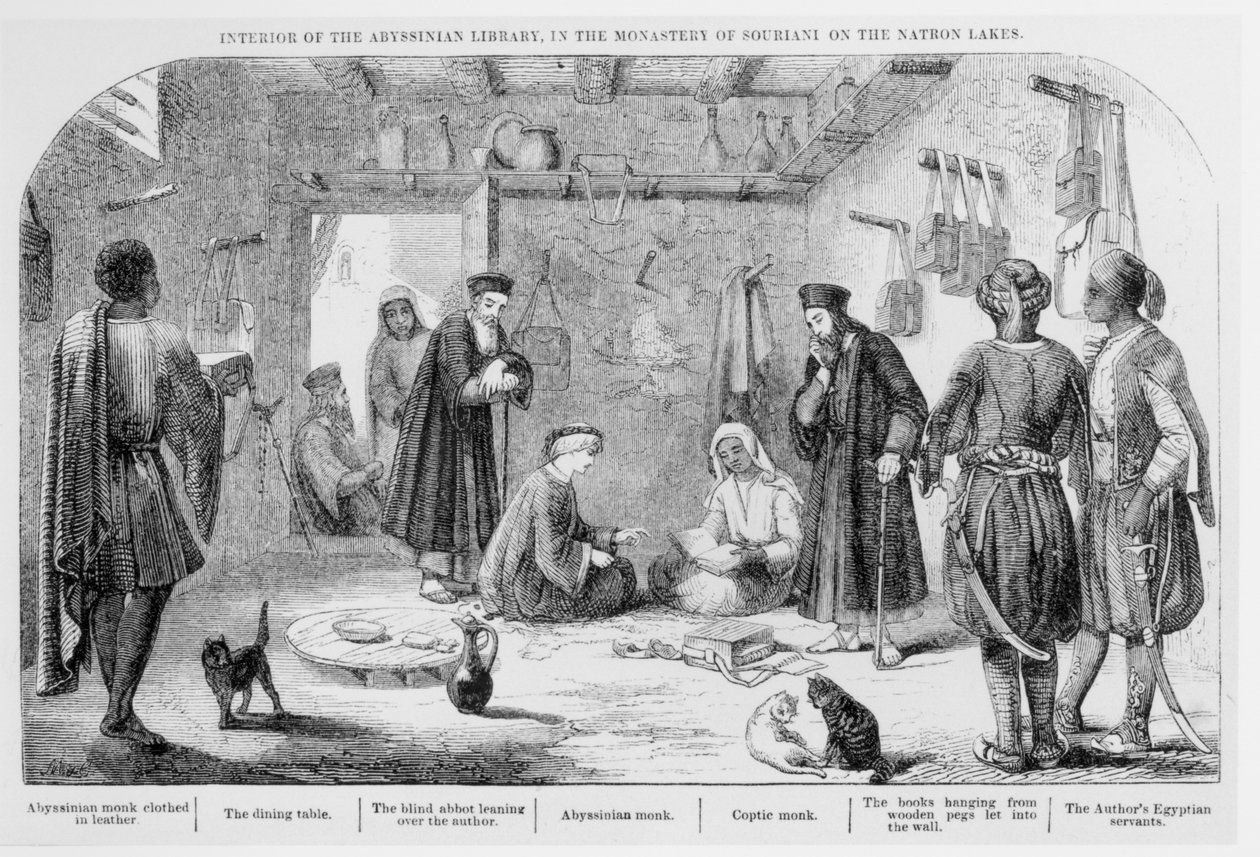 George Curzon inspecting books at the Abyssinian library in the monastery of Souriani, from Visits to Monasteries in the Levant, published 1849 by English School