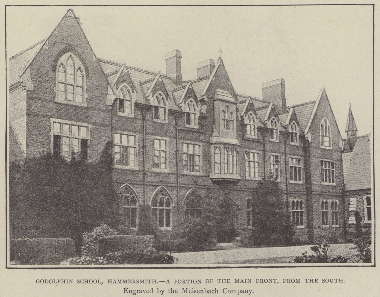 Godolphin School, Hammersmith, a Portion of the Main Front, from the South by English School