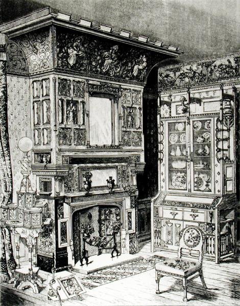 Gothic cabinet and a highly decorated chimney piece from part of a room set by Cox & Sons for Philadelphia by English School