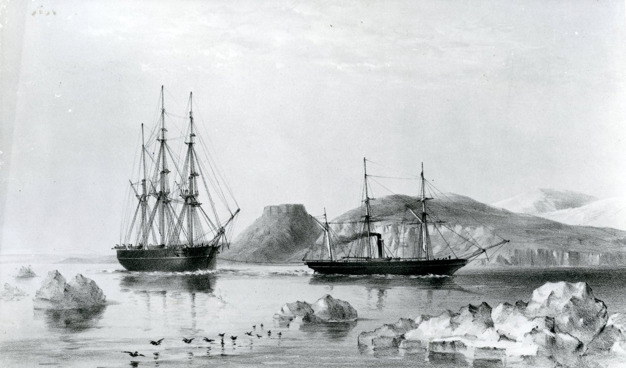 HMS Assistance in Tow of Pioneer Passing John Harrow Mount, North Wellington Channel in 1853 by English School