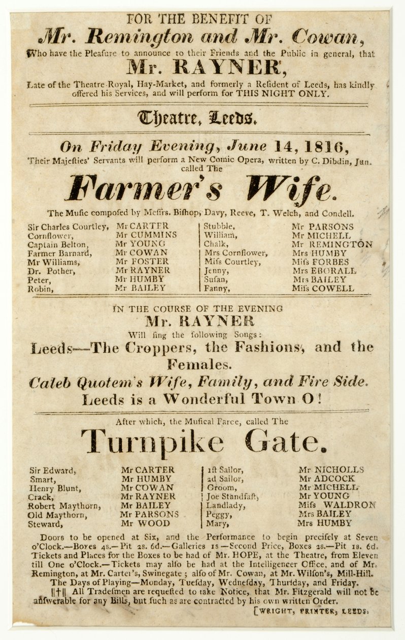 Handbill advertising a one-night-only performance by Mr. Rayner in 