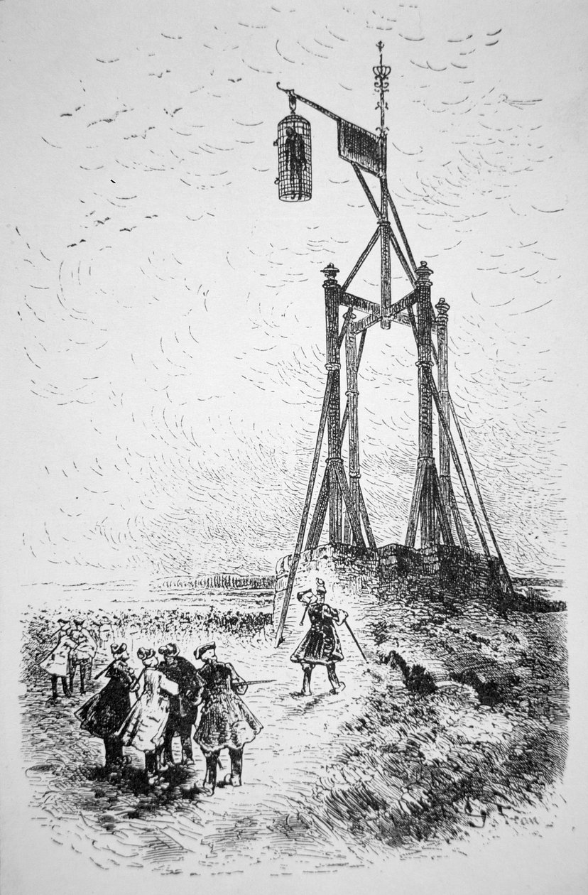 Hanging a pirate in a cage on high ground overlooking the sea by English School