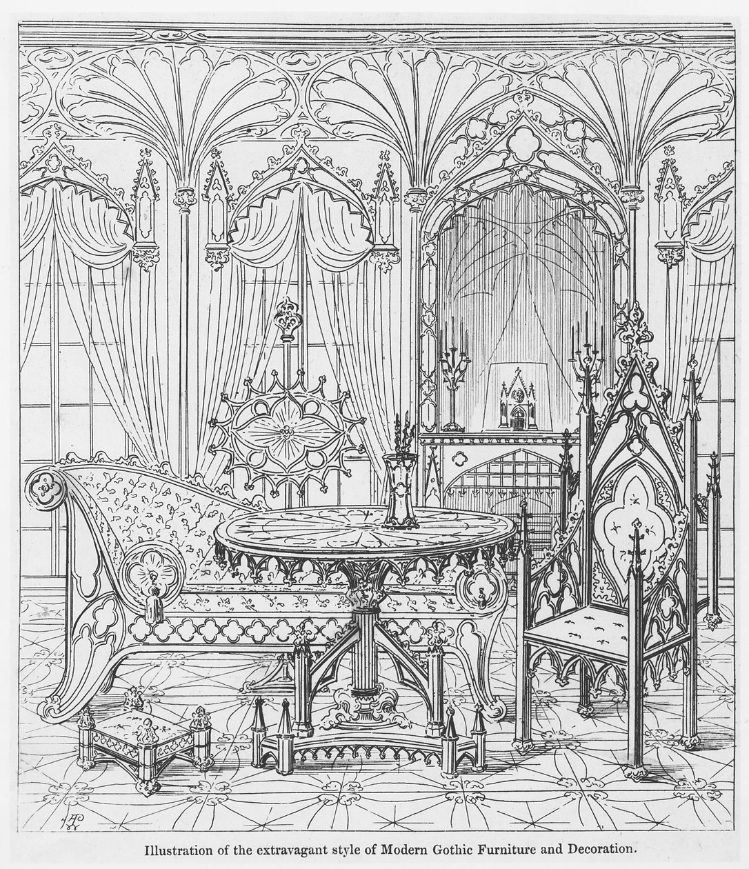 Illustration of the extravagant style of Modern Gothic Furniture and Decoration, from True Principles of Pointed of Christian Architecture, by Augustus Welby Pugin by English School