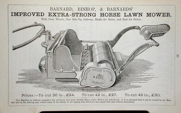 Improved Extra-Strong Horse Lawn Mower, illustration from a gardening catalogue, published by Barnard Bishop & Barnard by English School