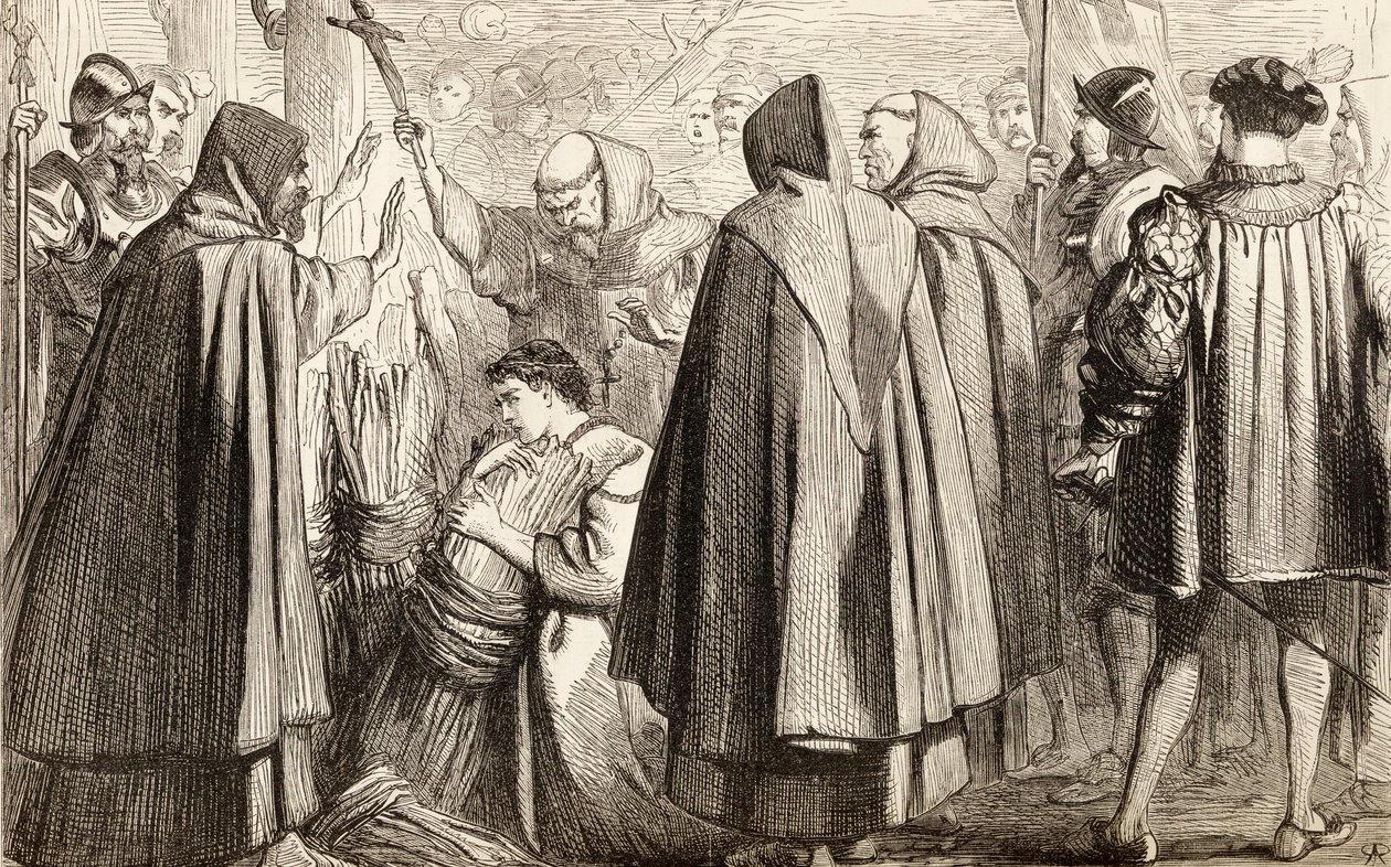 John Frith about to be burnt at the stake for heresy in 1533 by English School