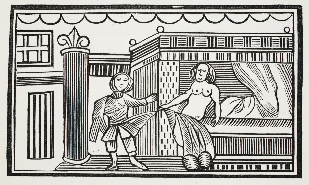 Joseph and his mistress, illustration from Chap-books of the Eighteenth Century by John Ashton, pub. 1882 by English School