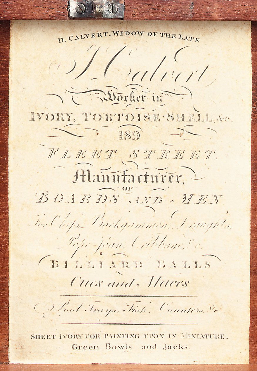 Label applied on the box of an English "Calvert" pattern turned ivory chess set, c.1826-50 by English School