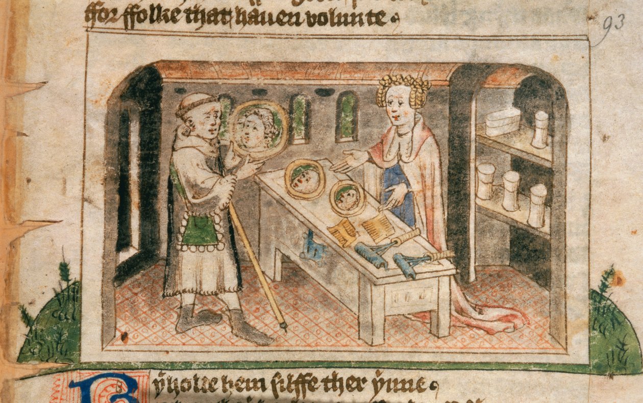 Lady Hagiography shows a pilgrim her display of salves and toilet articles, illustration from the English translation of the Pilgrimage of the Life of Man by Guillaume Deguileville, c.1430-50 by English School