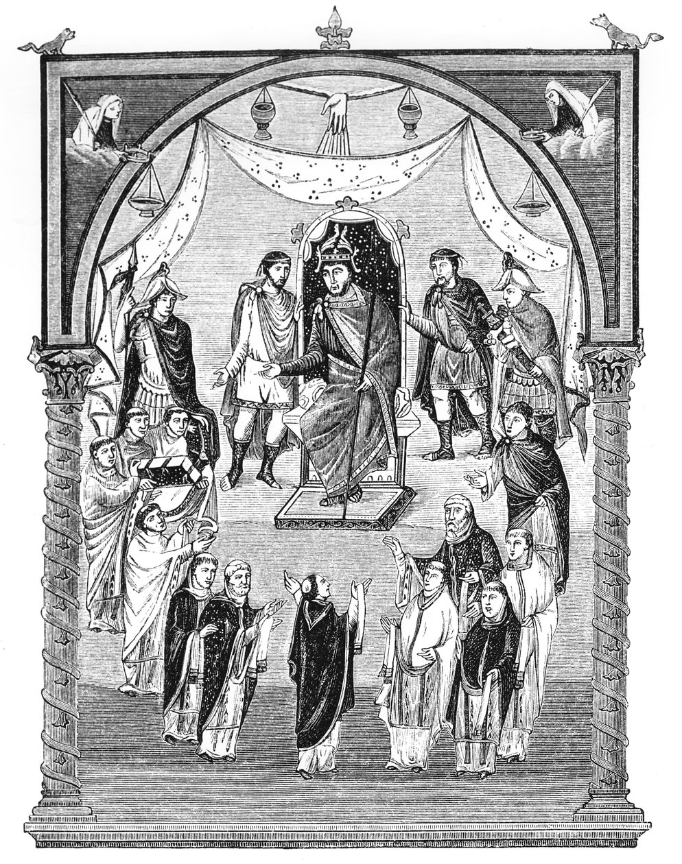 Charles the Bald, King of France (823-77) Enthroned, Commissioned by Abbot Vivian from the Monastery of St. Martin at Tours, from the First Bible of Charles the Bald, 843-51, Illustration by English School