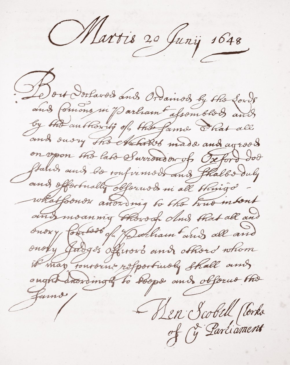 Letter by Henry Scobell, 20th June 1648 by English School