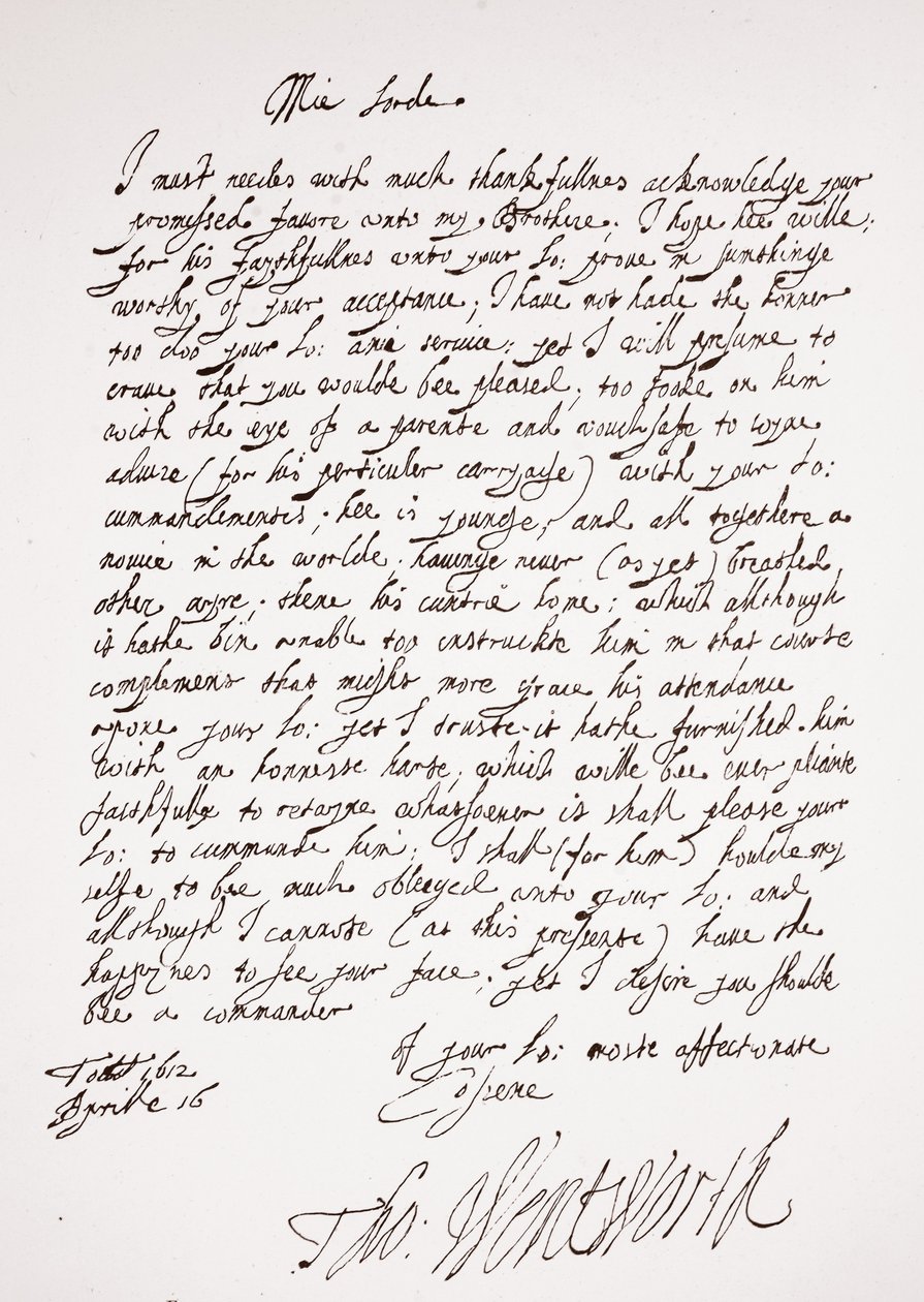 Letter by Thomas Wentworth, 16 April 1612 by English School