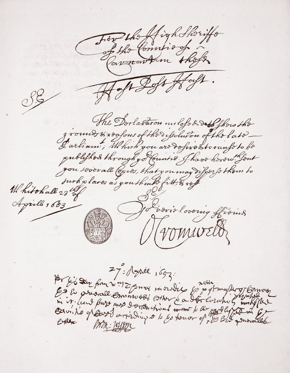 Letter from Oliver Cromwell, April 1653 by English School