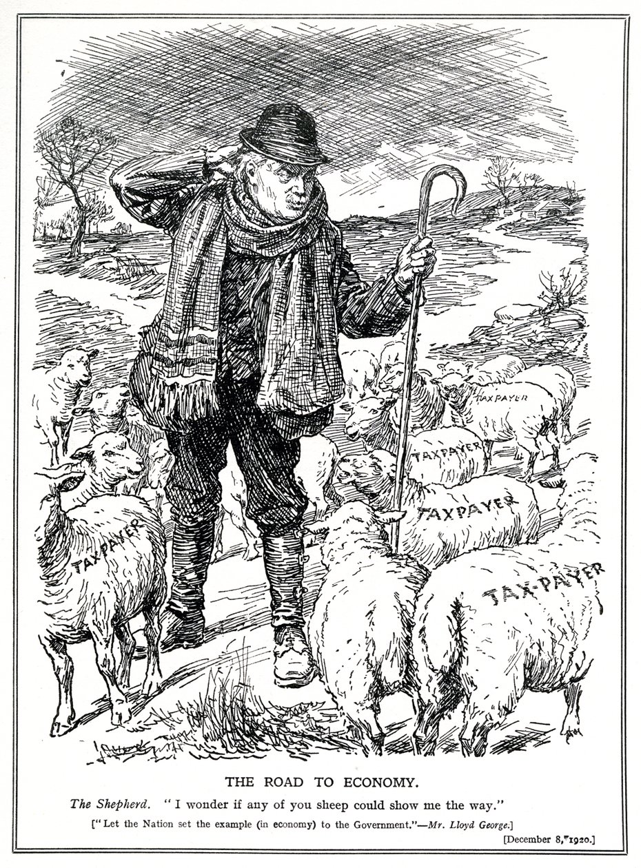 Lloyd George as the Shepherd of Great Britain Asks the Tax Payers (Sheep) to Lead the Recovery of the Economy, December, 1920 by English School