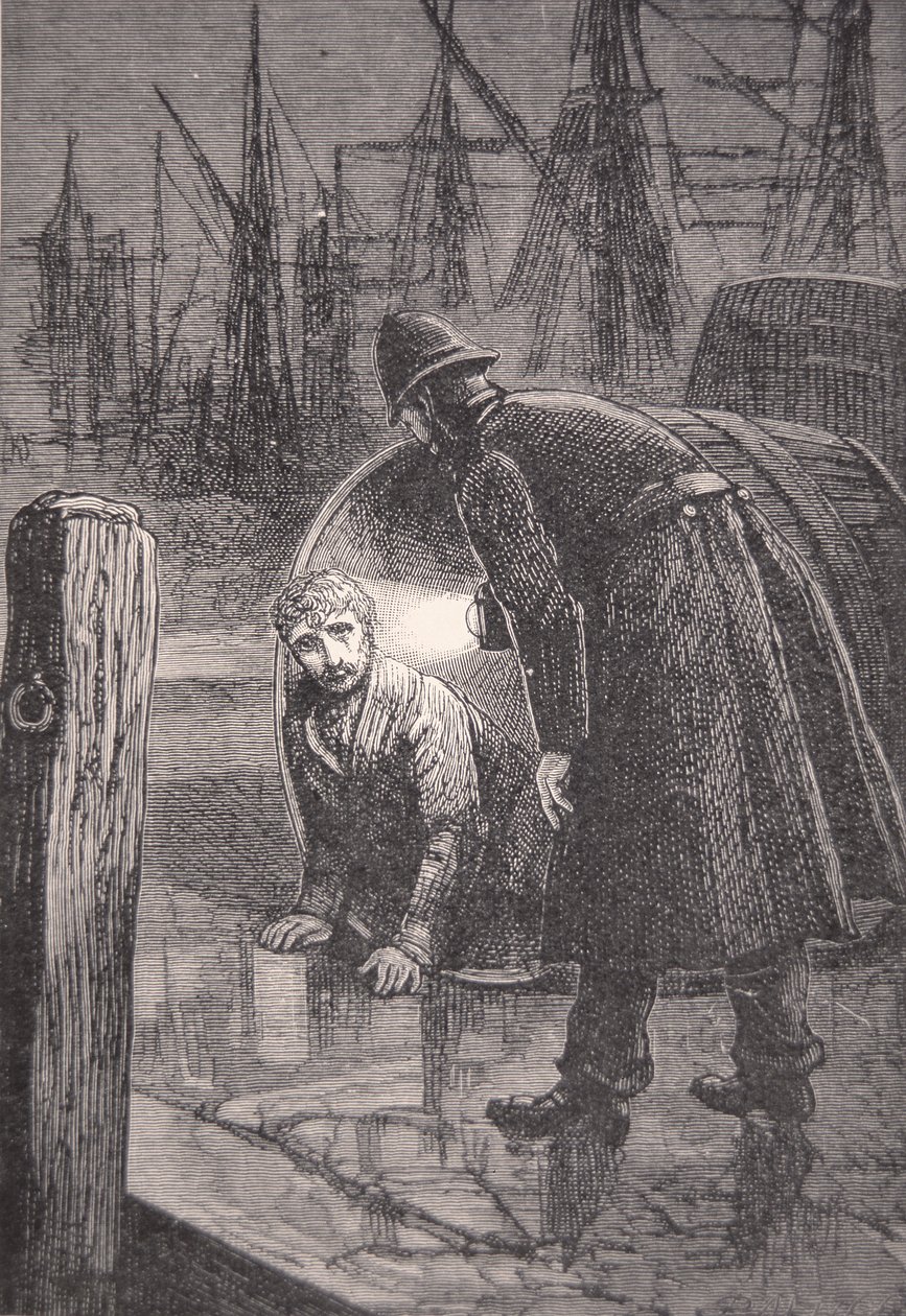 London policeman on patrol in the docks finds homeless man living in empty barrel by English School