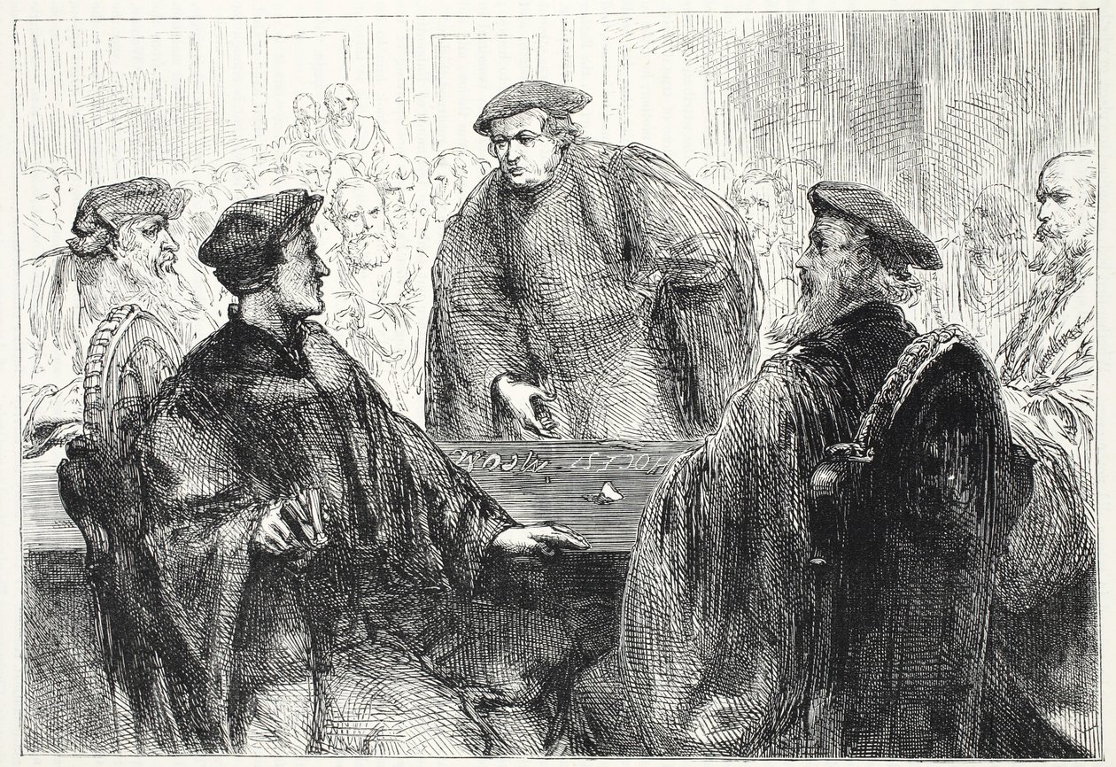 Luther and Zwingle discussing at Marburg by English School